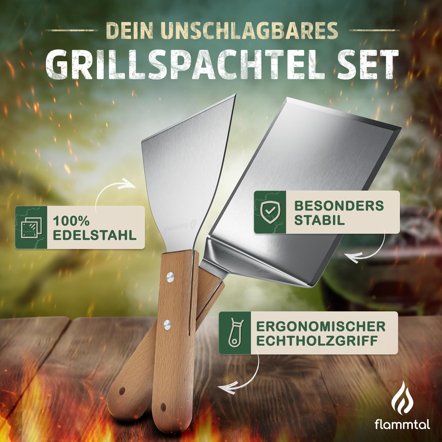 Detalle 2 de Flammtal Smash Burger Set – Edelstahl-Spachtel mit Echtholzgriff und 20 Burgerpapier