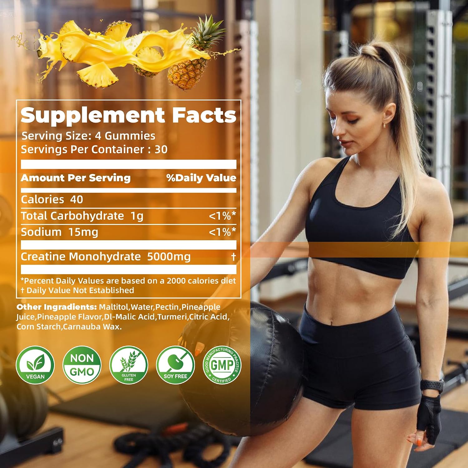 Detalle de Nutravita Creatine Monohydrate Gummies, 5 g per Serving, Pineapple, 120 Count