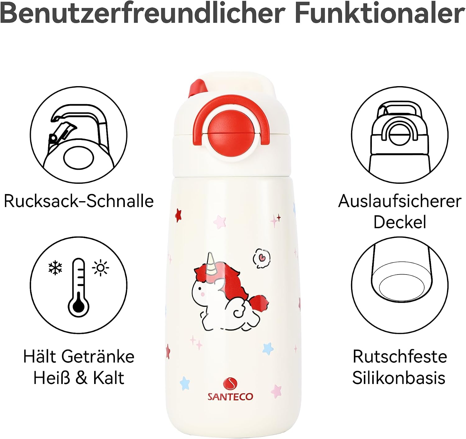 Detalle 1 de SANTECO Kinder Thermosflasche 500ml Rot Einhorn