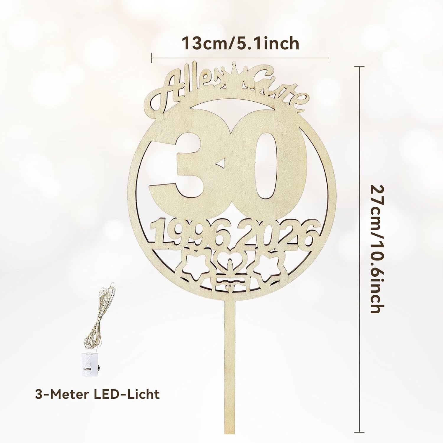 Thumbnail 1 de Tortendeko zum 30. Geburtstag: Cake Topper aus FSC-Holz mit LED-Lichterkette (1996–2026)