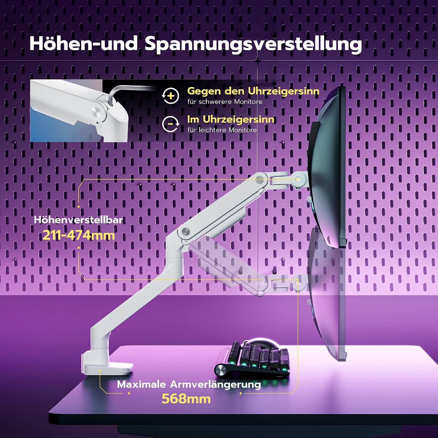 Detalle de ARES WING Monitorhalterung 17–49 Zoll, Gasfeder, 20 kg Tragkraft, VESA 75/100 mm – Weiß