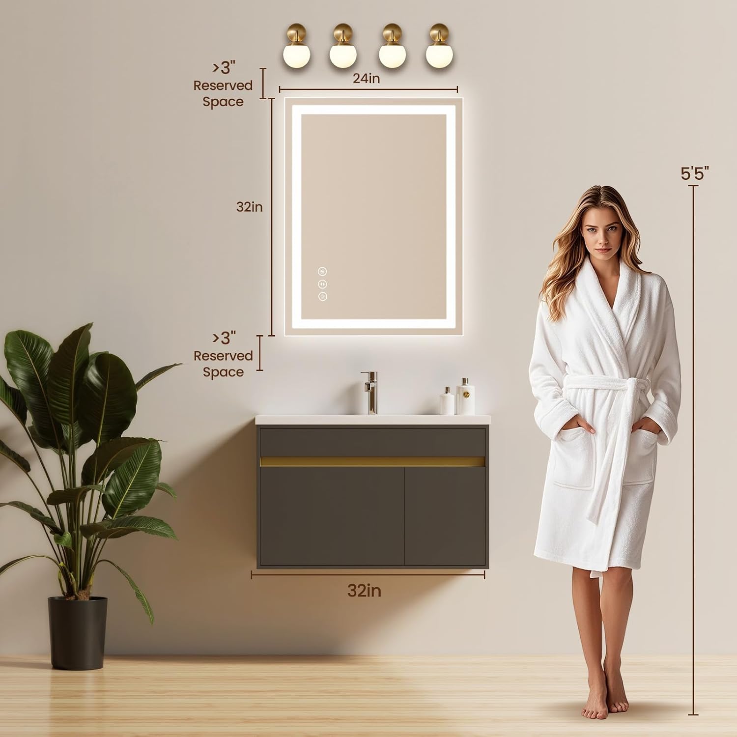 Detalle de Rpoesx 24" x 32" LED Bathroom Mirror with Front and Back Lighting