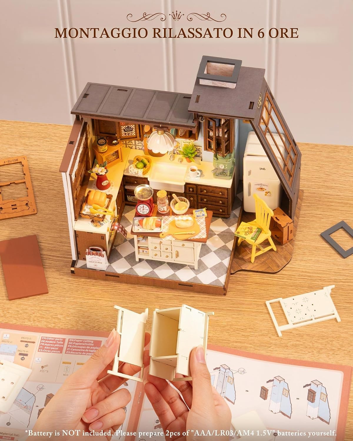 Detalle de Rolife Casa delle Bambole Cucina da Forno – kit fai-da-te con angolo libreria e illuminazione