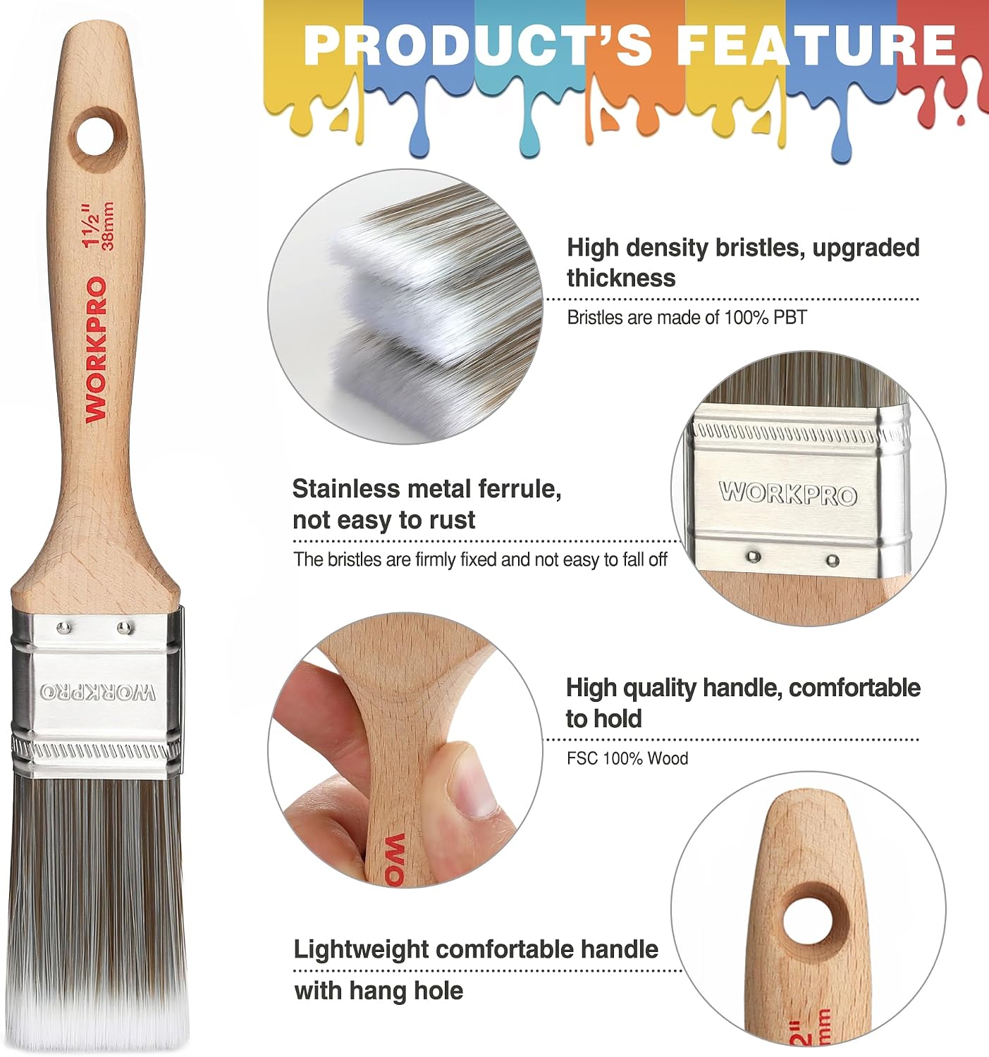 Detalle de WORKPRO 4-Piece Professional Paint Brush Set (25 mm, 38 mm, 50 mm) for Walls, Ceilings & Staining