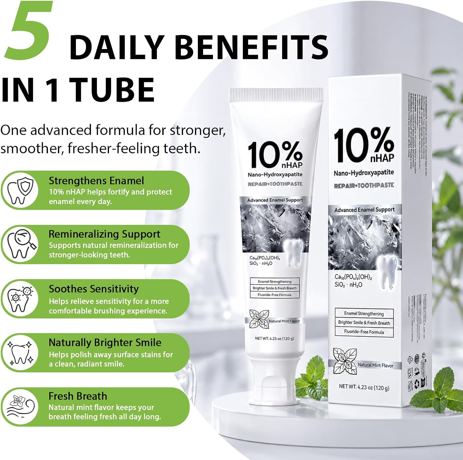 Detalle 1 de ussQinVM 10% Nano Hydroxyapatite Toothpaste, Fluoride-Free Mint, 2-Pack