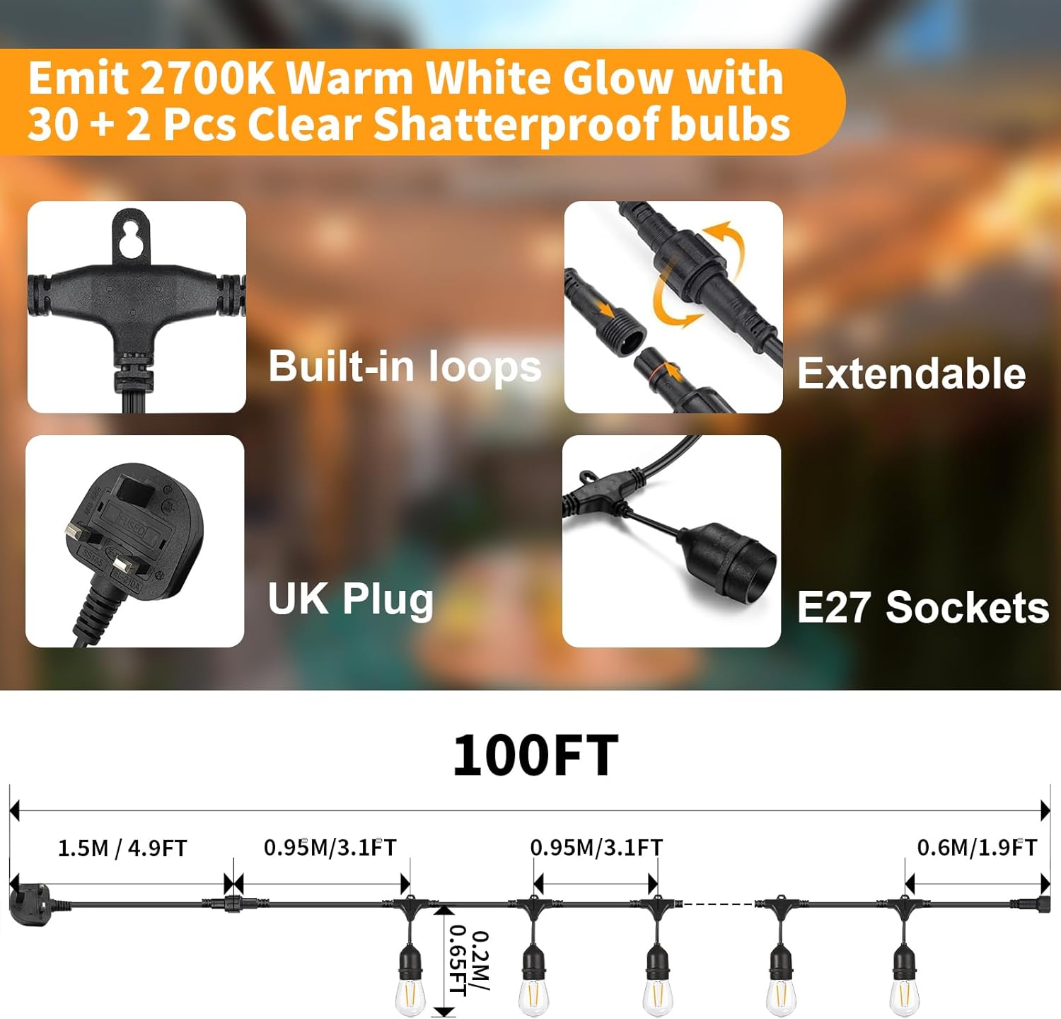 Thumbnail 6 de BRIMAX Outdoor String Lights 49FT heavy-duty waterproof set with 15 E27 sockets