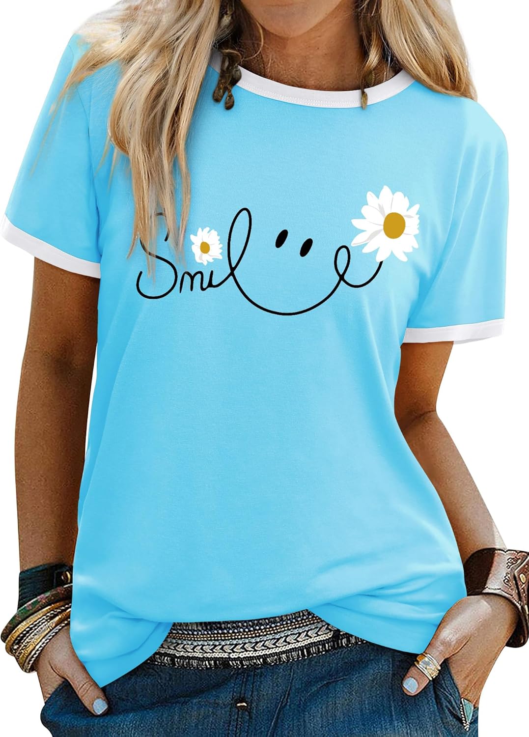 Thumbnail 6 de Yihelian Damen Kurzarm-Shirt mit Rundhalsausschnitt und „Smile“-Daisy-Print