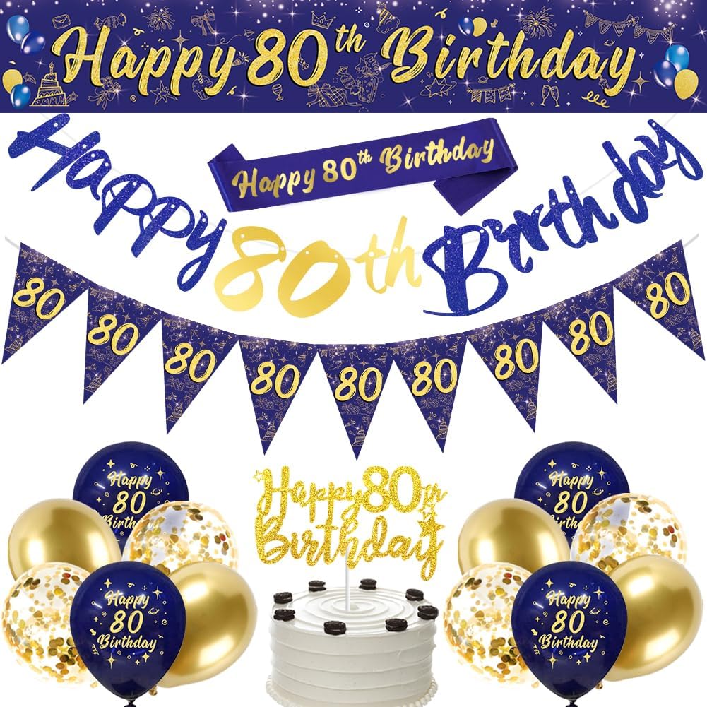 Detalle de Navy Blue & Gold 80th Birthday Party Decorations — Banner, Bunting & Balloons