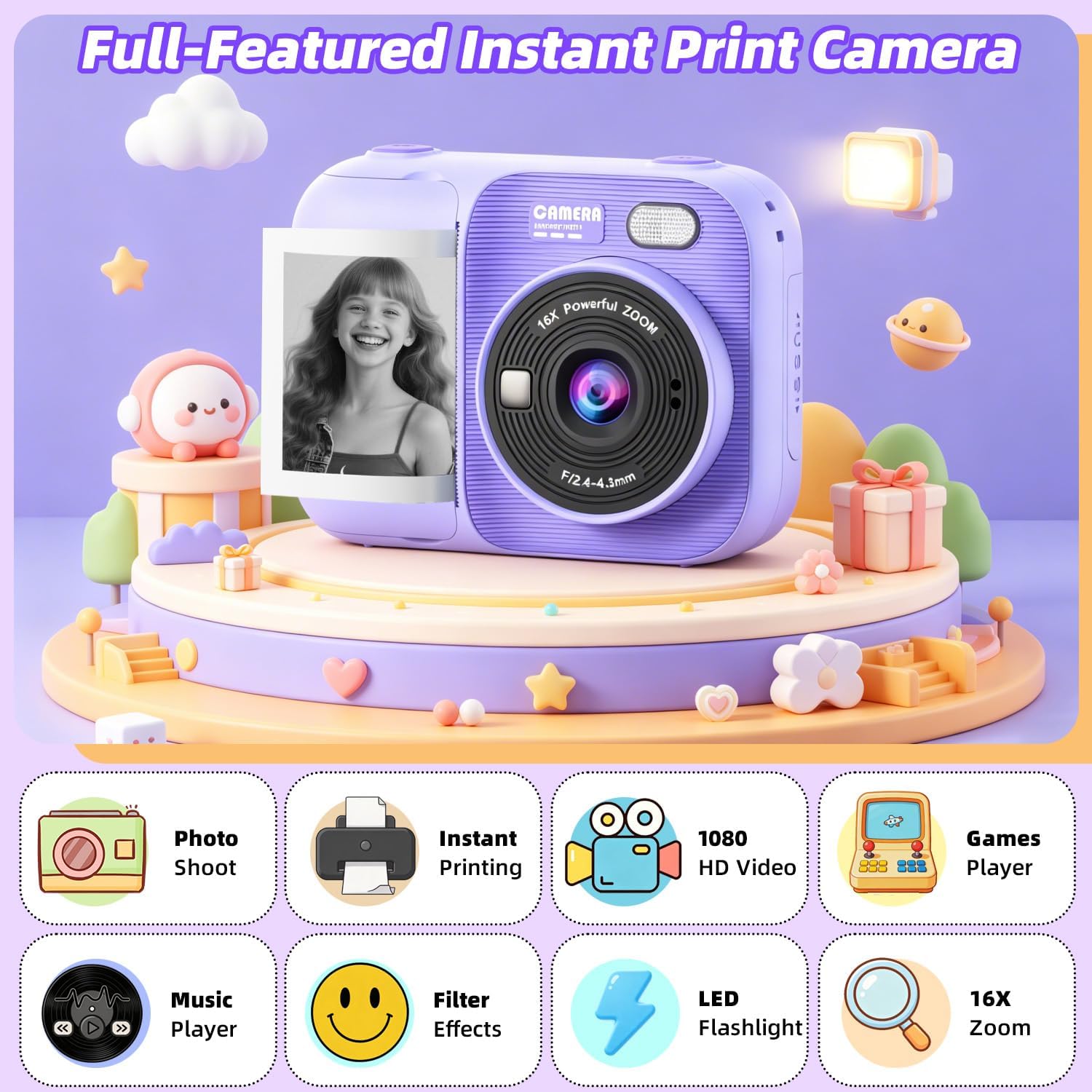 Thumbnail 2 de HOOMOON P97 Kids Instant Print Camera, 1080p Video, 5 Paper Rolls, Purple