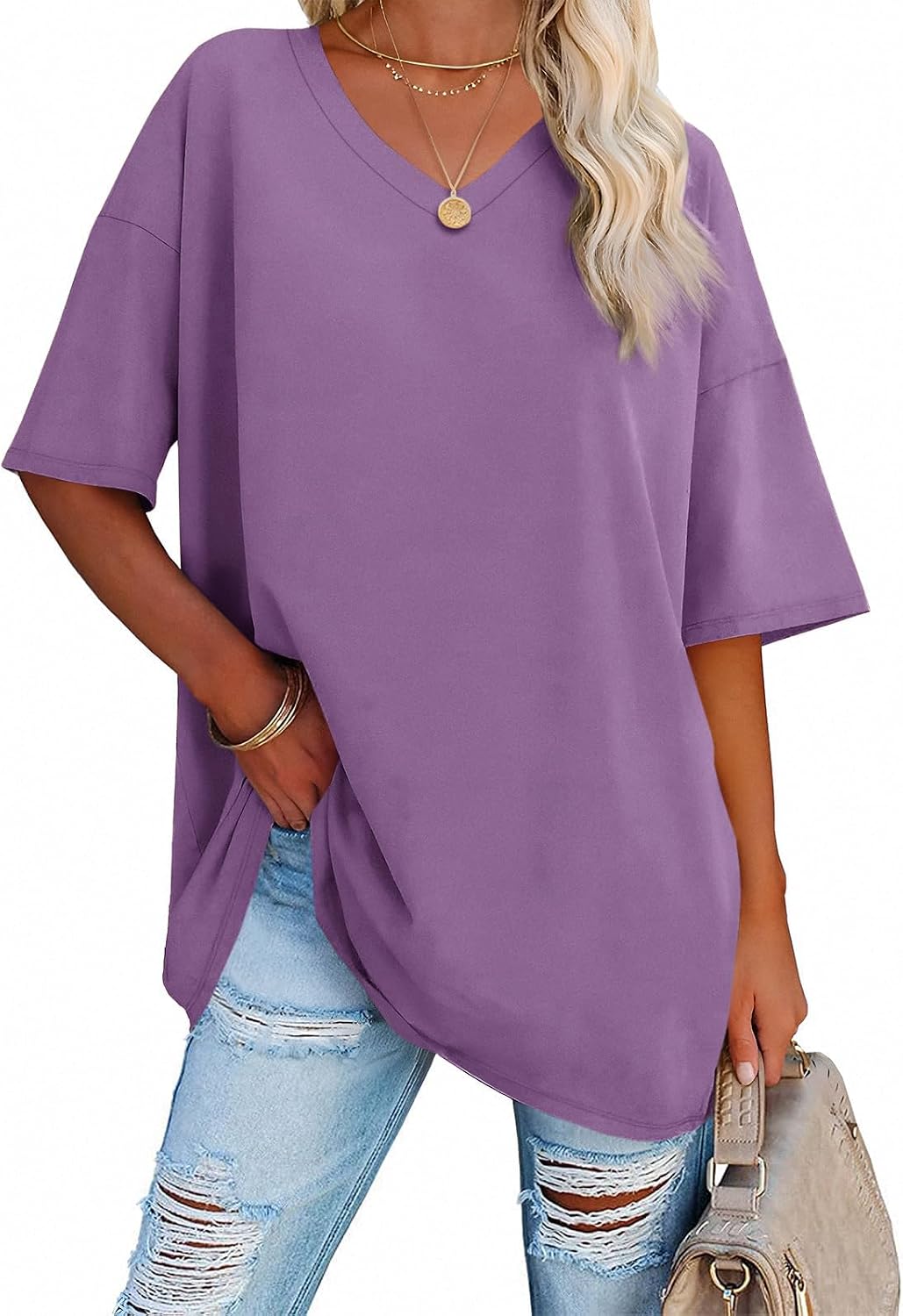 Thumbnail 3 de Ebifin T-Shirt Oversize Femme à Col V – Rouge, XXL