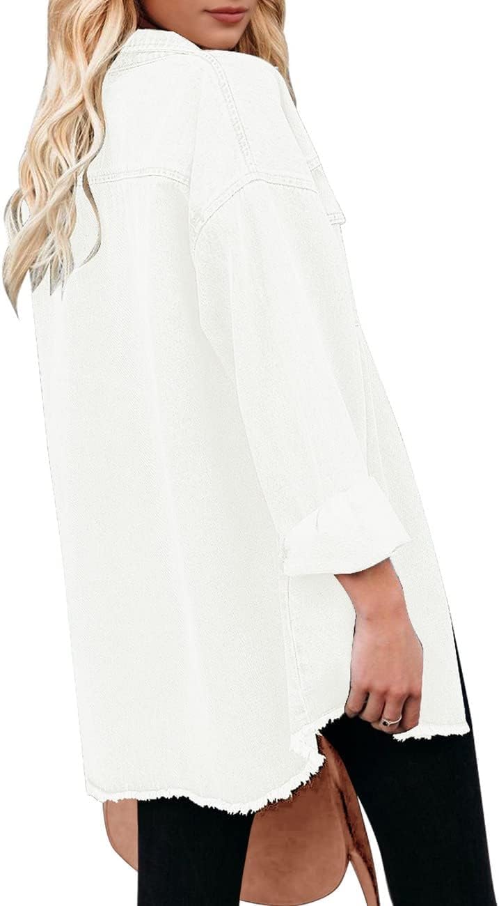 Detalle de Vetinee Women’s Oversized Button Up Frayed Hem Shacket Denim Jean Jacket