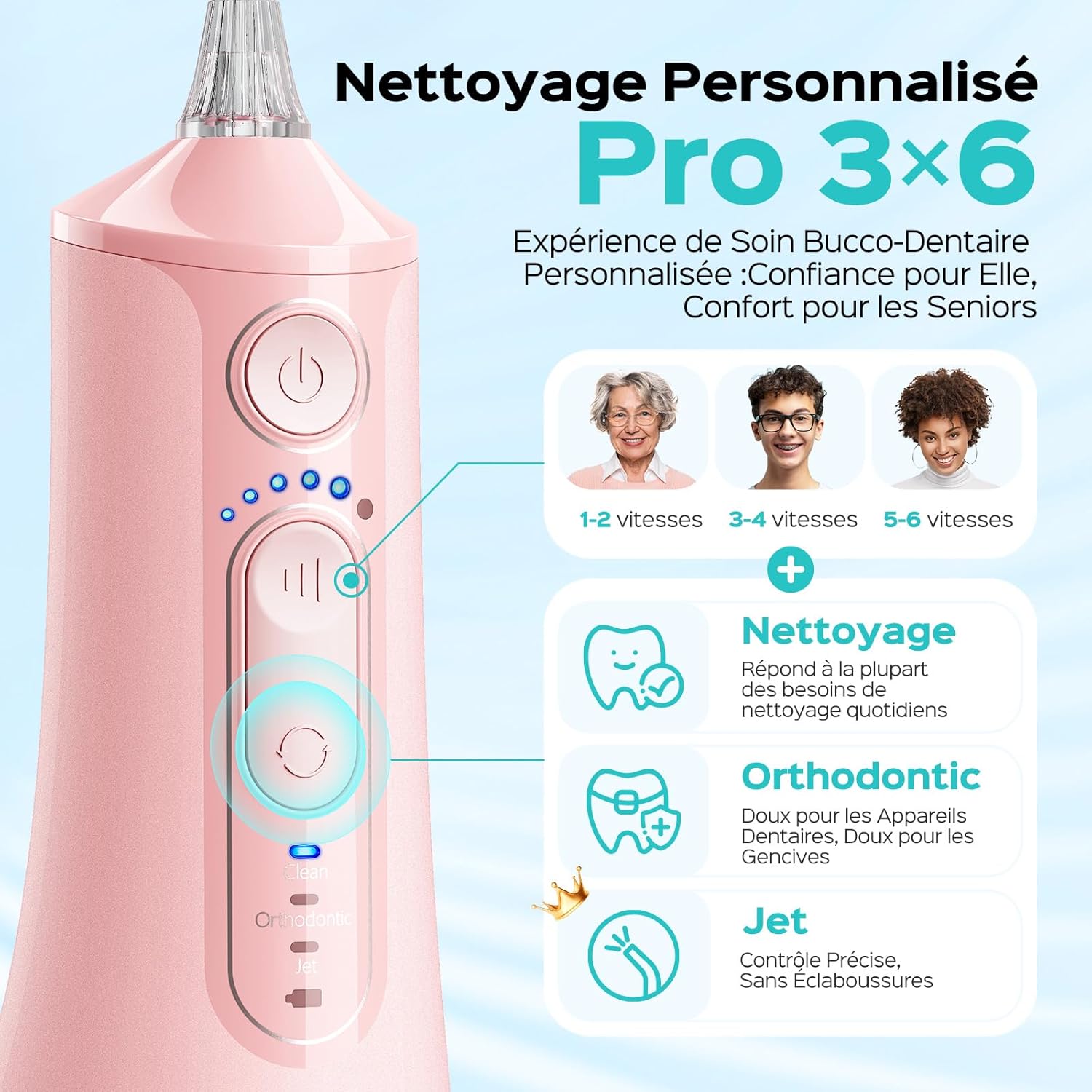 Thumbnail 4 de COSLUS Jet Dentaire Hydropulseur (C51) rose — 3 modes & 18 niveaux, compact pour orthodontie et gencives sensibles