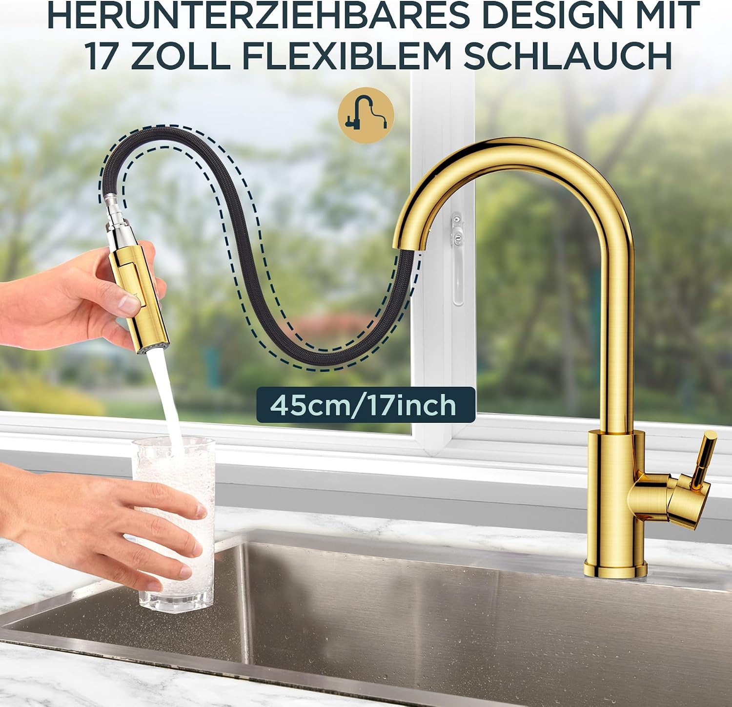 Detalle 2 de FORIOUS Küchenarmatur mit hohem Bogen und 360° Schwenkbereich – ausziehbare Brause in gebürstetem Gold