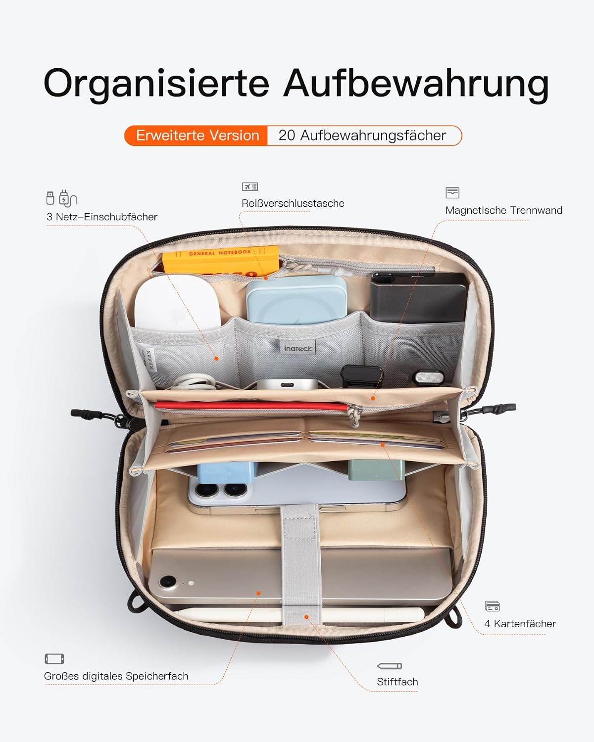 Detalle 2 de Inateck praktischer Organizer für elektronisches Zubehör – spritzwasserresistente Reisetasche mit vielen Fächern