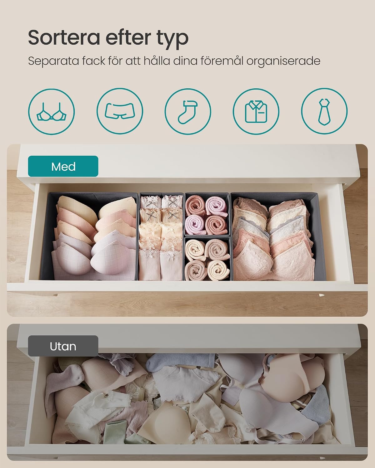 Detalle de SONGMICS lådorganisatörer, hopfällbara tygboxar i tre storlekar, 6-pack