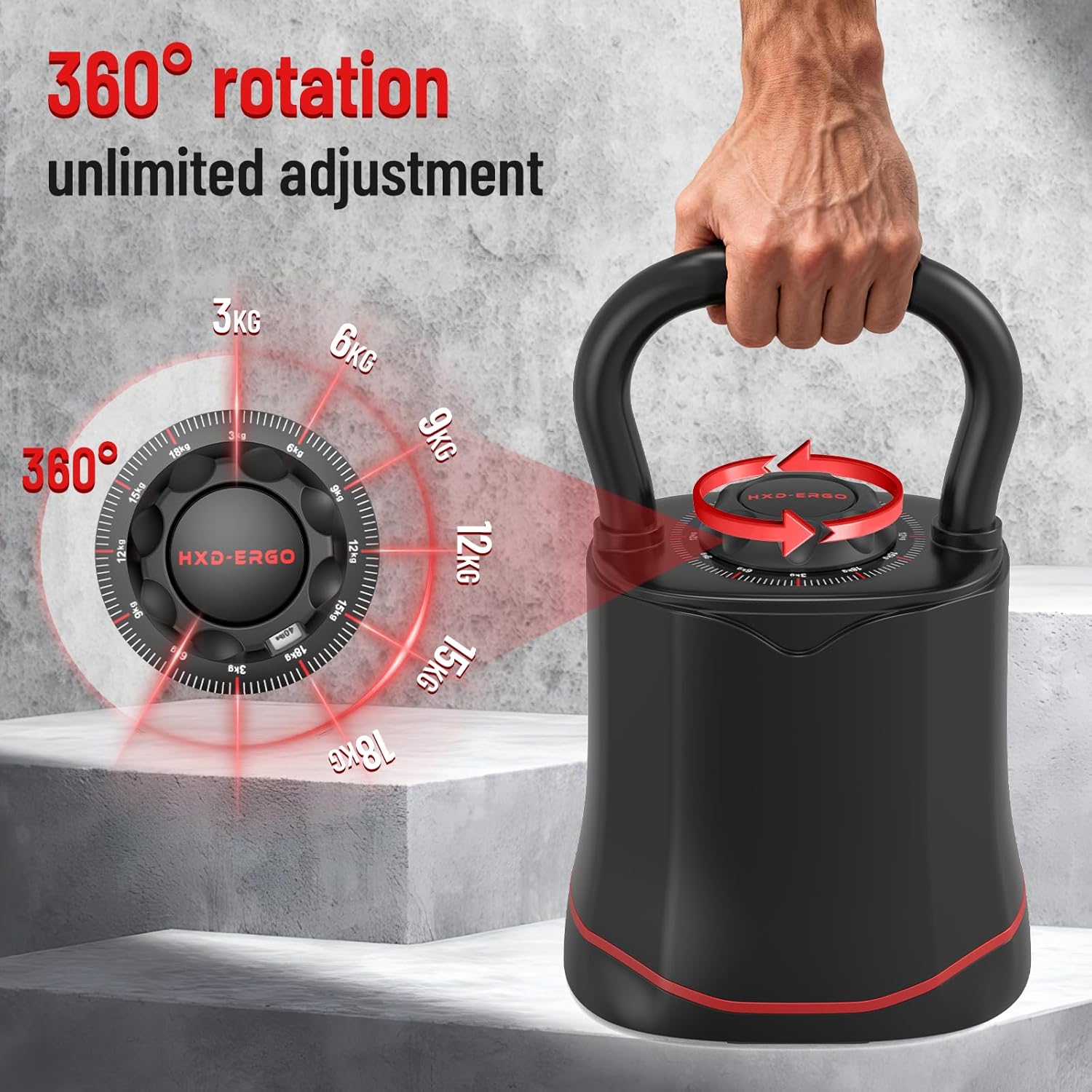 Detalle 2 de HXD-ERGO Adjustable Kettlebell Set 6-in-1 (3–18kg) with handle and space-saving safety lock system