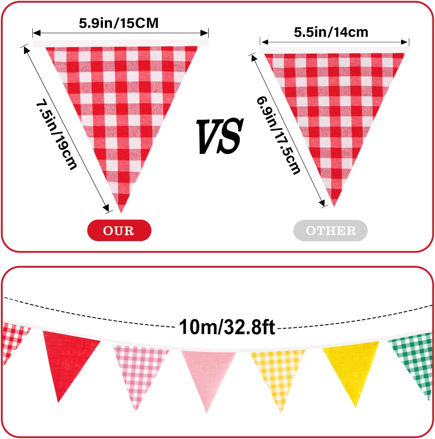 Detalle de G2PLUS Fabric Gingham Bunting Banner 10M Multicoloured – Reusable Vintage Triangle Flags