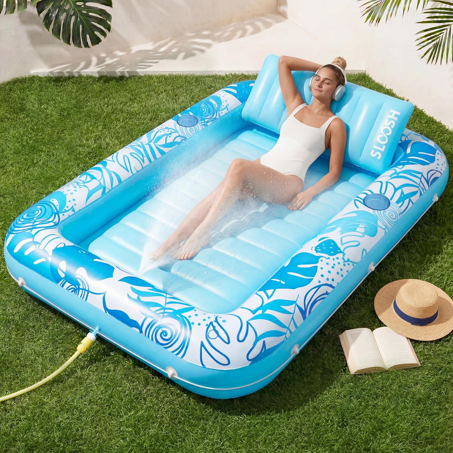 Detalle de SLOOSH Misting System Inflatable Tanning Pool Lounger Float — 70" x 46", 6-in-1 Cooling & Lounge with Pillow & Cup Holders