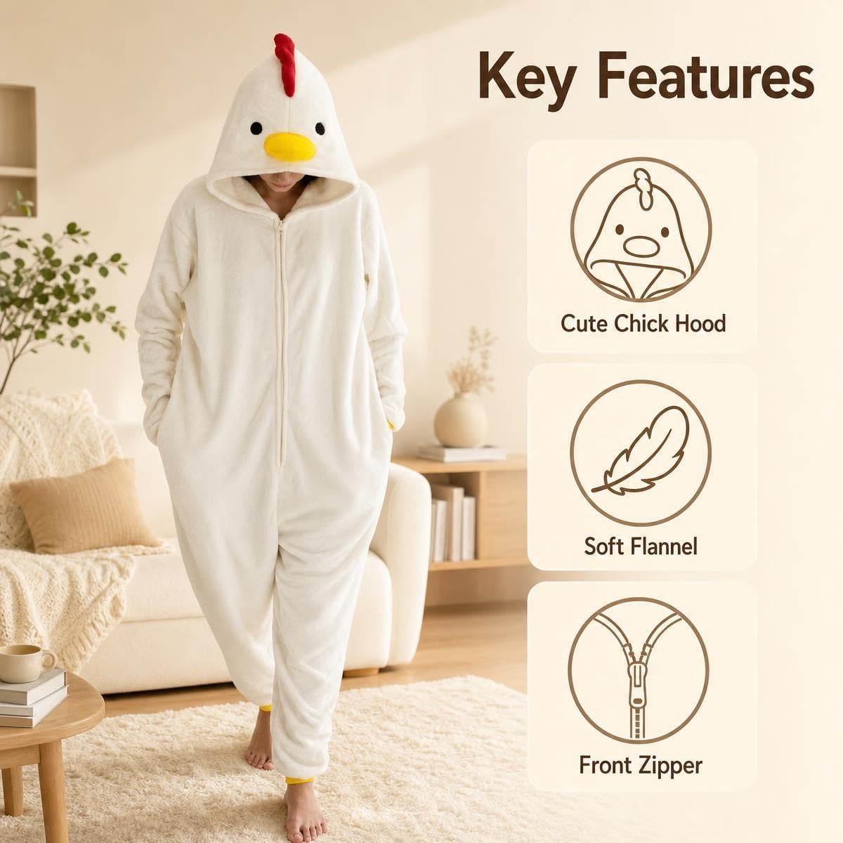 Detalle 1 de COSUSKET Snug Fit Chicken Onesie Pajamas, Flannel, Zip-Up with Side Pockets