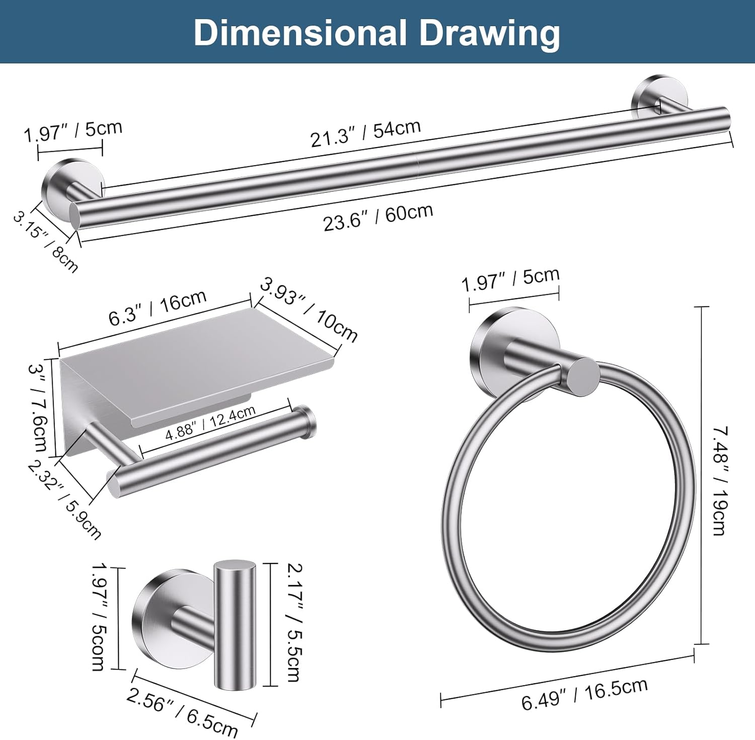 Thumbnail 5 de Brushed Nickel 5-Piece Bathroom Hardware Set with Shelf – 23.6 Inch Towel Rack & Towel Bar