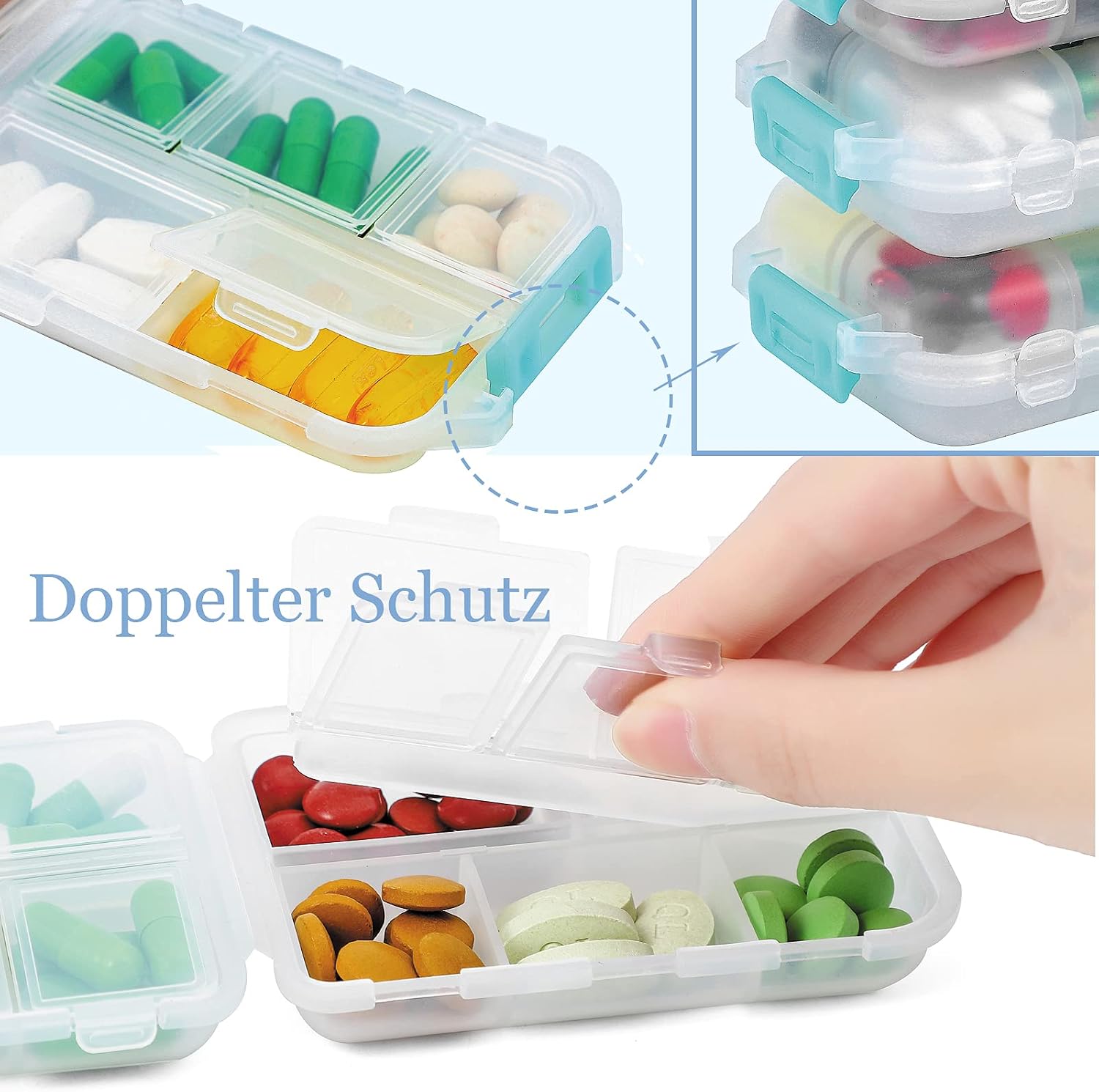 Detalle 2 de 4er Pack Tablettenbox 7 Tage – Pillendose mit 10 Fächern von Muchengbao (Weiß)