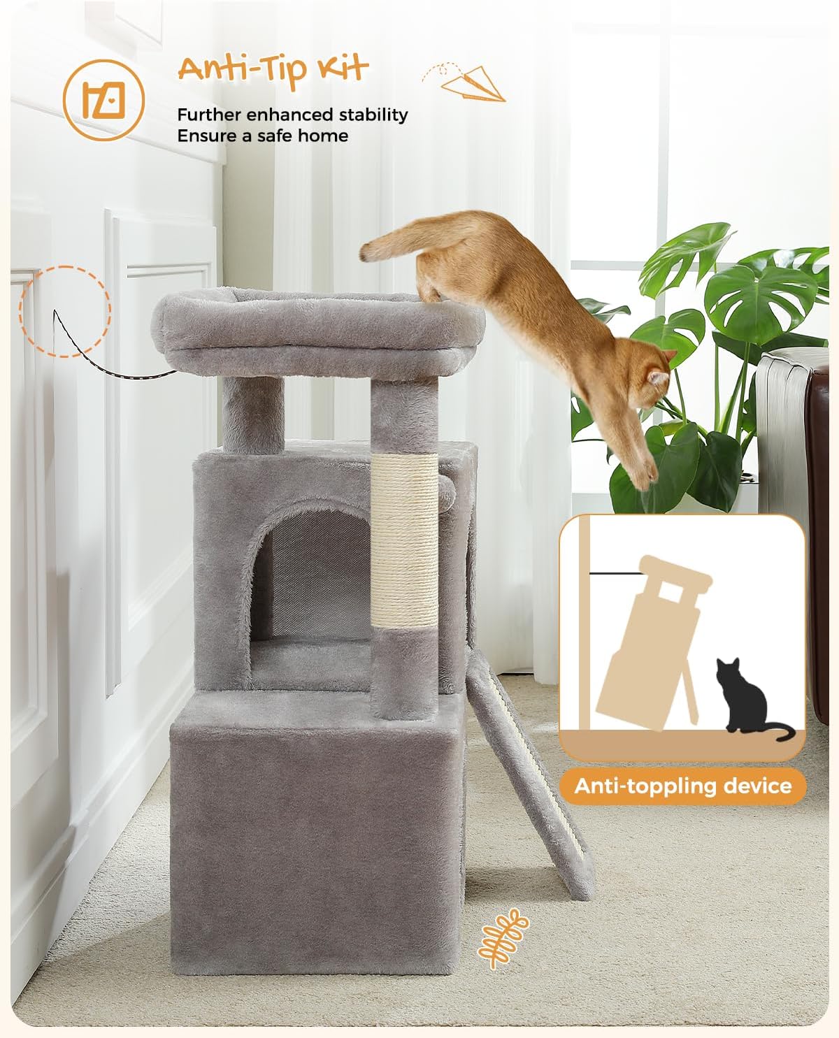 Detalle 2 de PETEPELA Cat Tree 77cm with Dual Condos – Indoor Cat Tower with Removable Perch, Ramp and Scratching Posts (Grey)