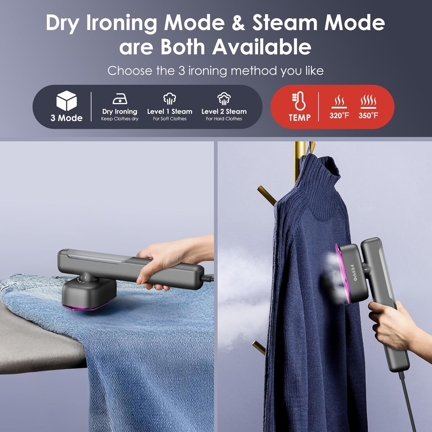 Thumbnail 4 de FEPPO Travel Steamer for Clothes: 110-240V Dual Voltage 2-in-1 Portable Steam Iron