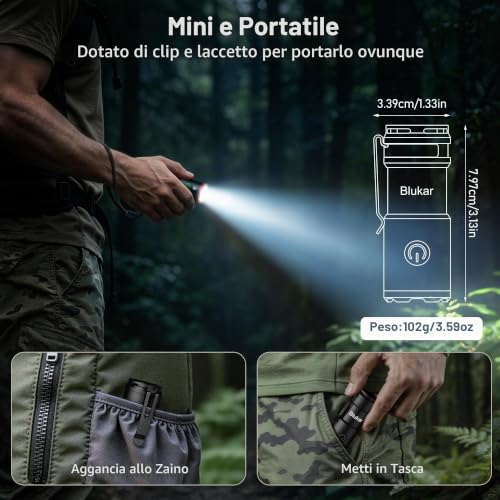 Detalle de Blukar Torcia LED Mini Ricaricabile: EDC magnetica e clip, autonomia 32 h