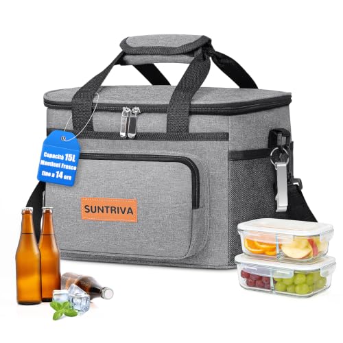 SUNTRIVA Borsa Termica Porta Pranzo 15L con Tracolla – Impermeabile, Grigio