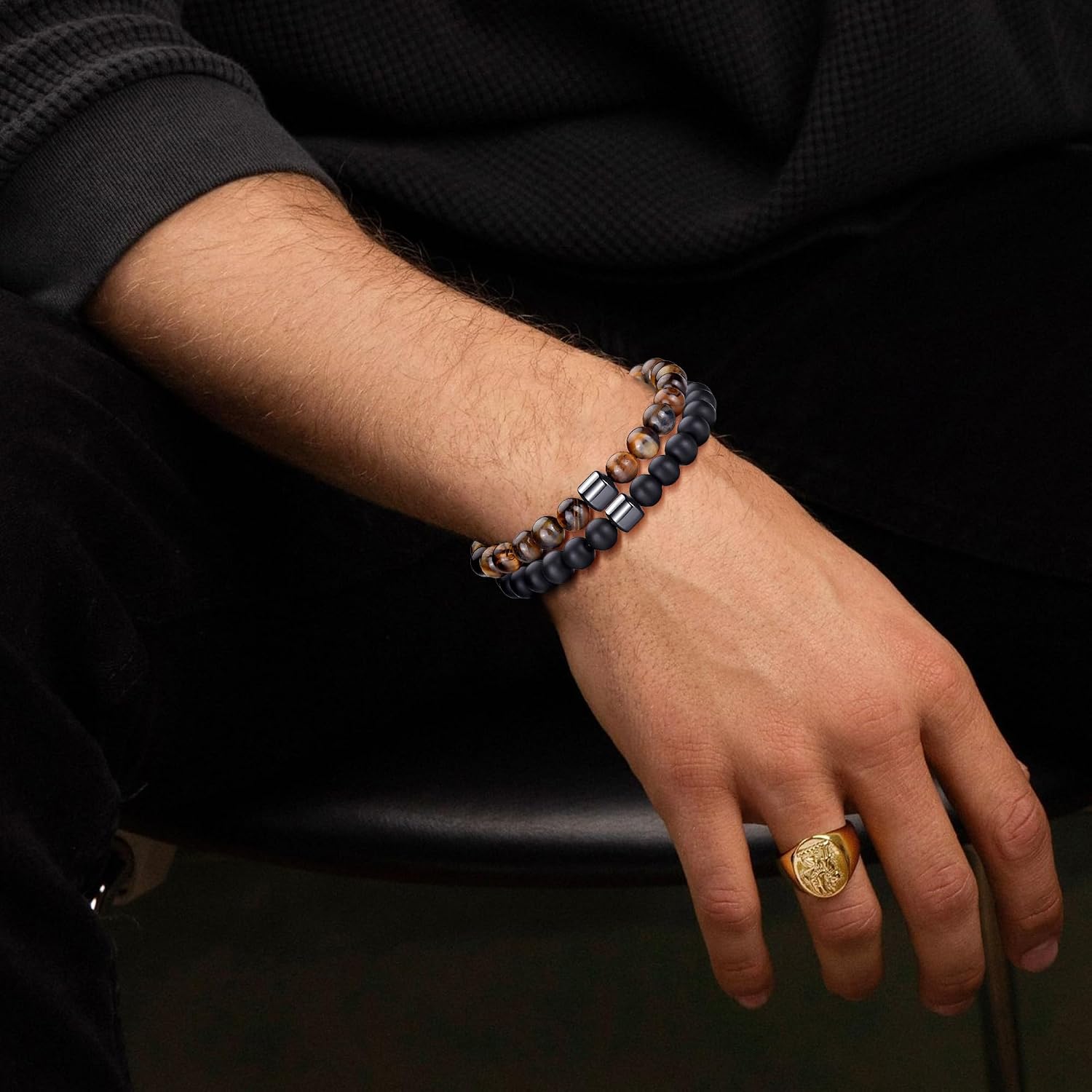 Detalle 2 de MOROTOLE Herren-Armband-Set mit 8-mm Tigerauge, Lavastein und Obsidian – Stretcharmbänder aus Naturstein