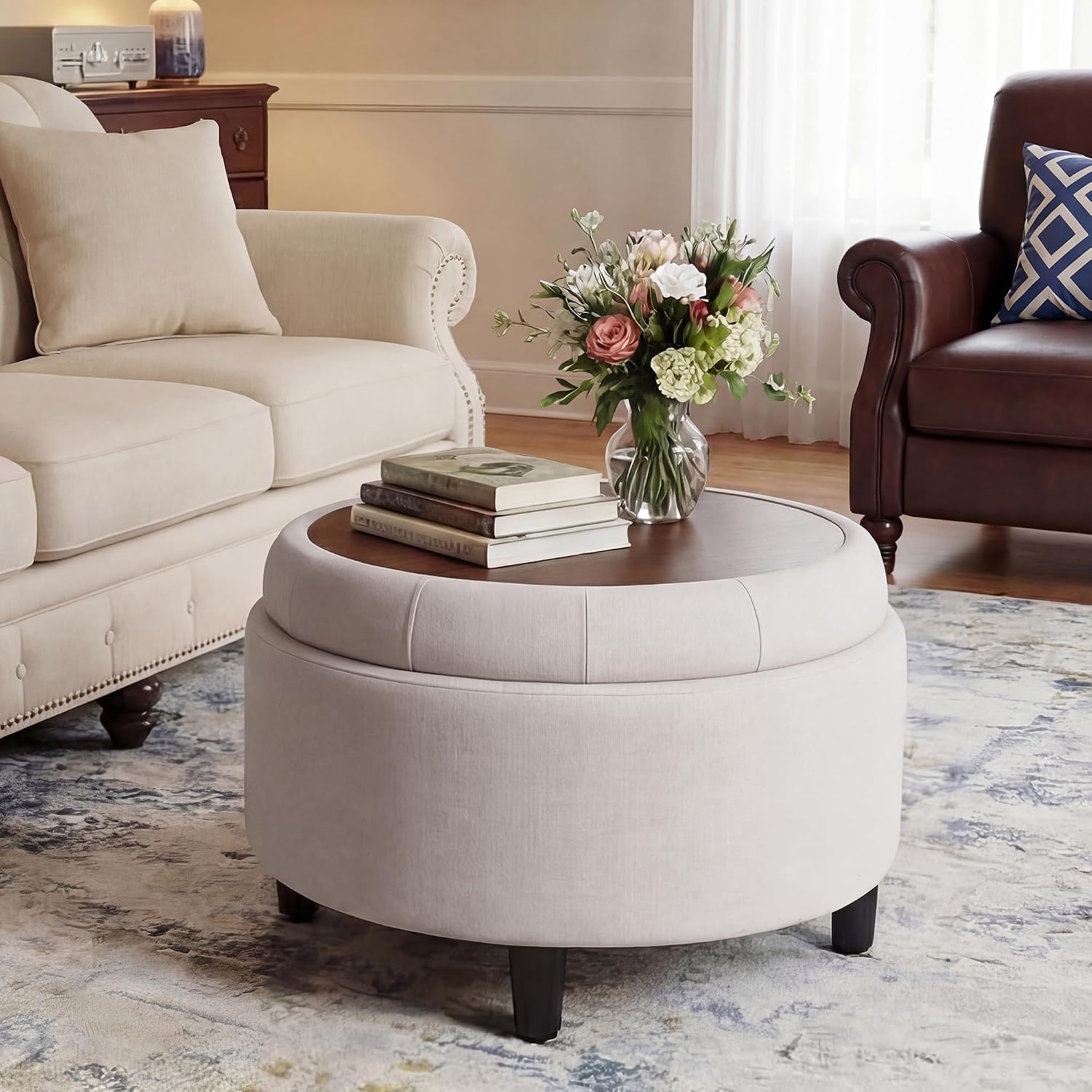 Thumbnail 6 de COLAMY Round Storage Ottoman, Beige