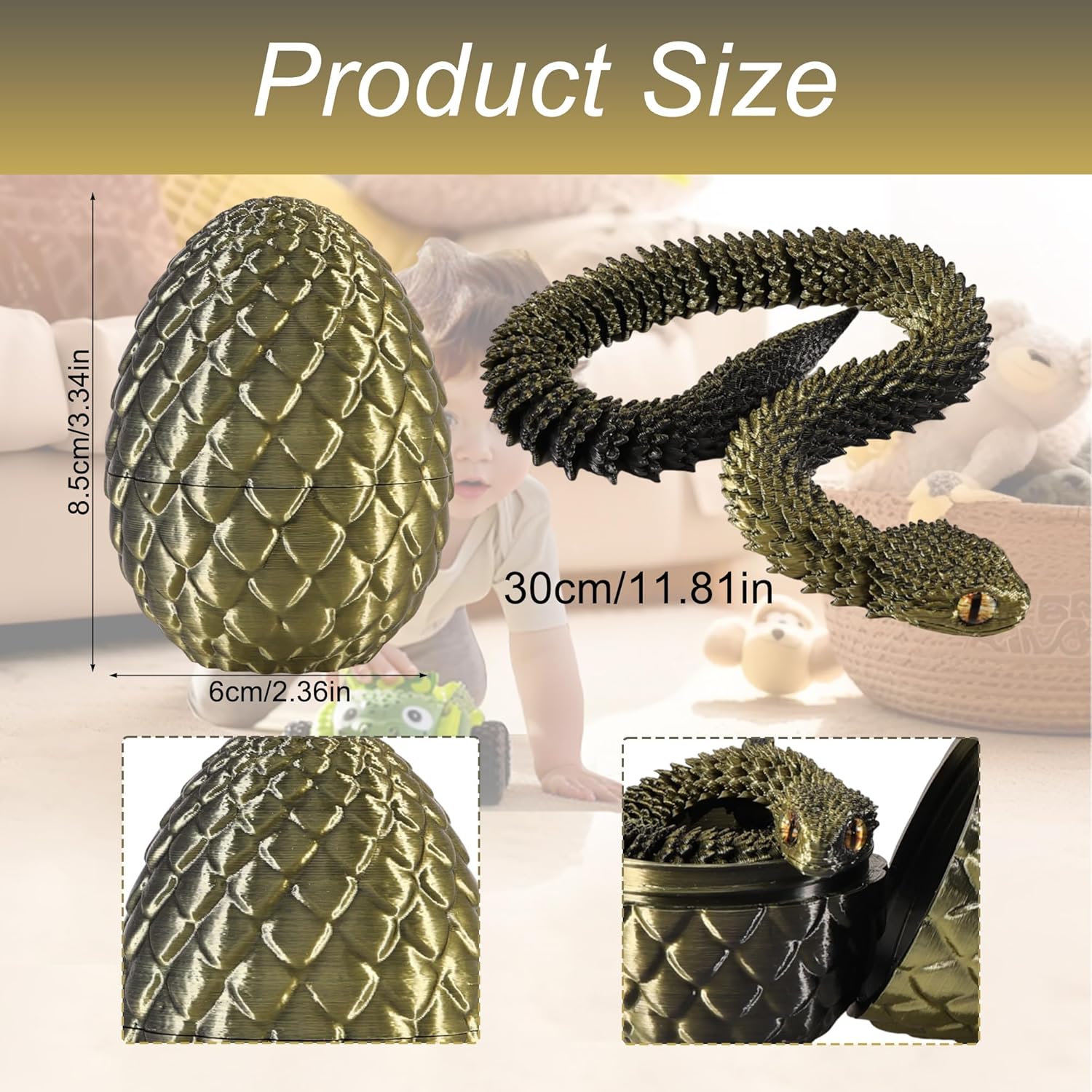 Detalle de Joycabin 3D Printed Animals: Movable Snake Toy & Dragon Egg Set (Black Copper)