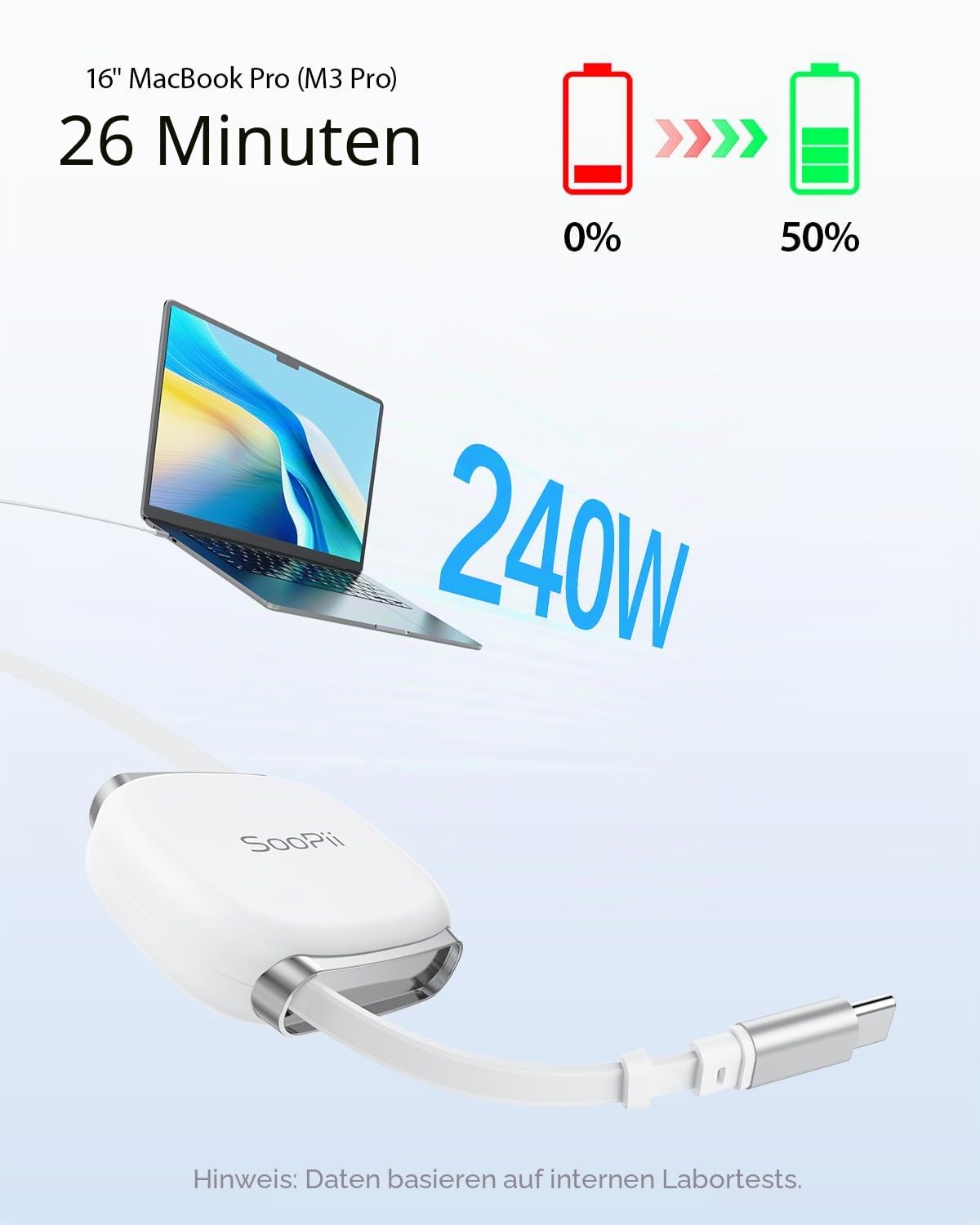 Detalle de SooPii retractables USB-C Kabel 240W PD 3.1 – 1 m, magnetische Aufbewahrung, 5 Längeneinstellungen