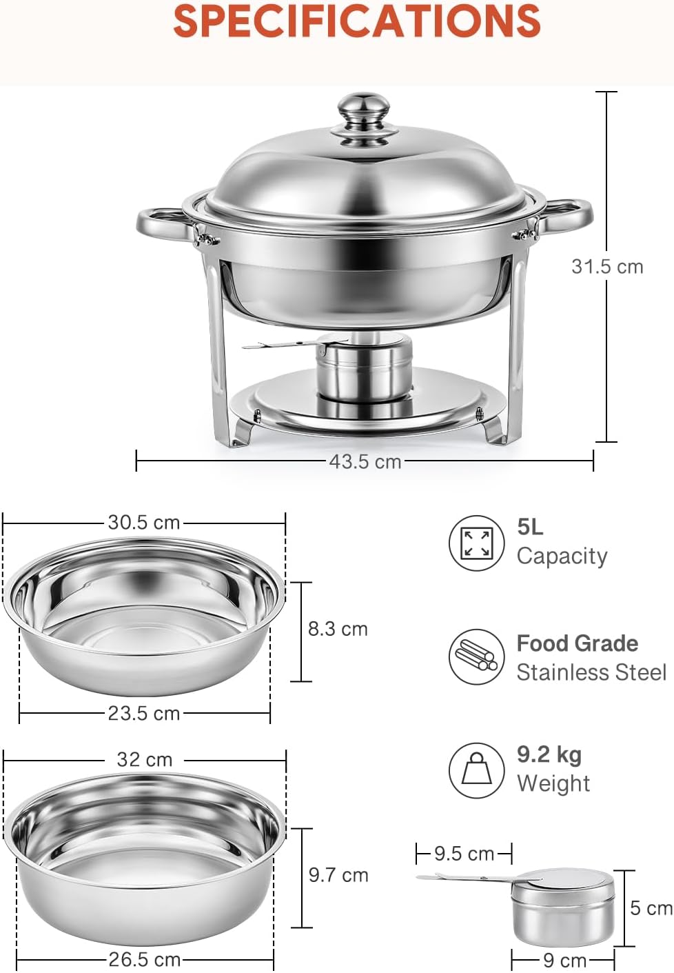 Detalle de Wilprep Chafing Dish Buffet Set of 4 (Round Stainless Steel) – 5L food warmer trays with lids