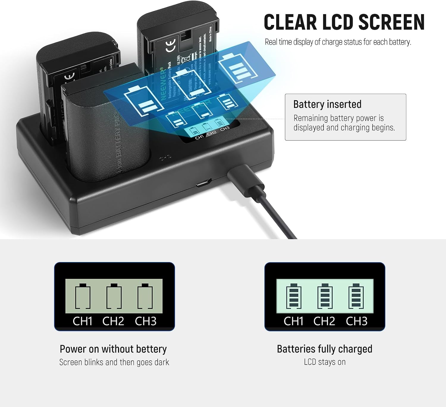 Thumbnail 3 de NEEWER LP-E6NH Replacement Battery Set: 3 x 2250mAh Batteries with Triple Slot USB Charger (plus Cleaning Cloth) for Canon EOS R Series and More