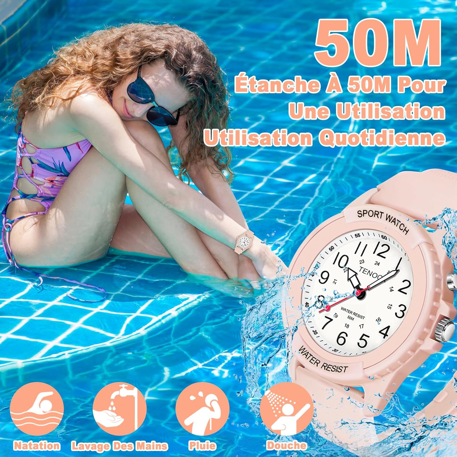 Thumbnail 1 de TENOCK Montre de sport analogique à quartz pour femmes – Étanche 50 M avec veilleuse