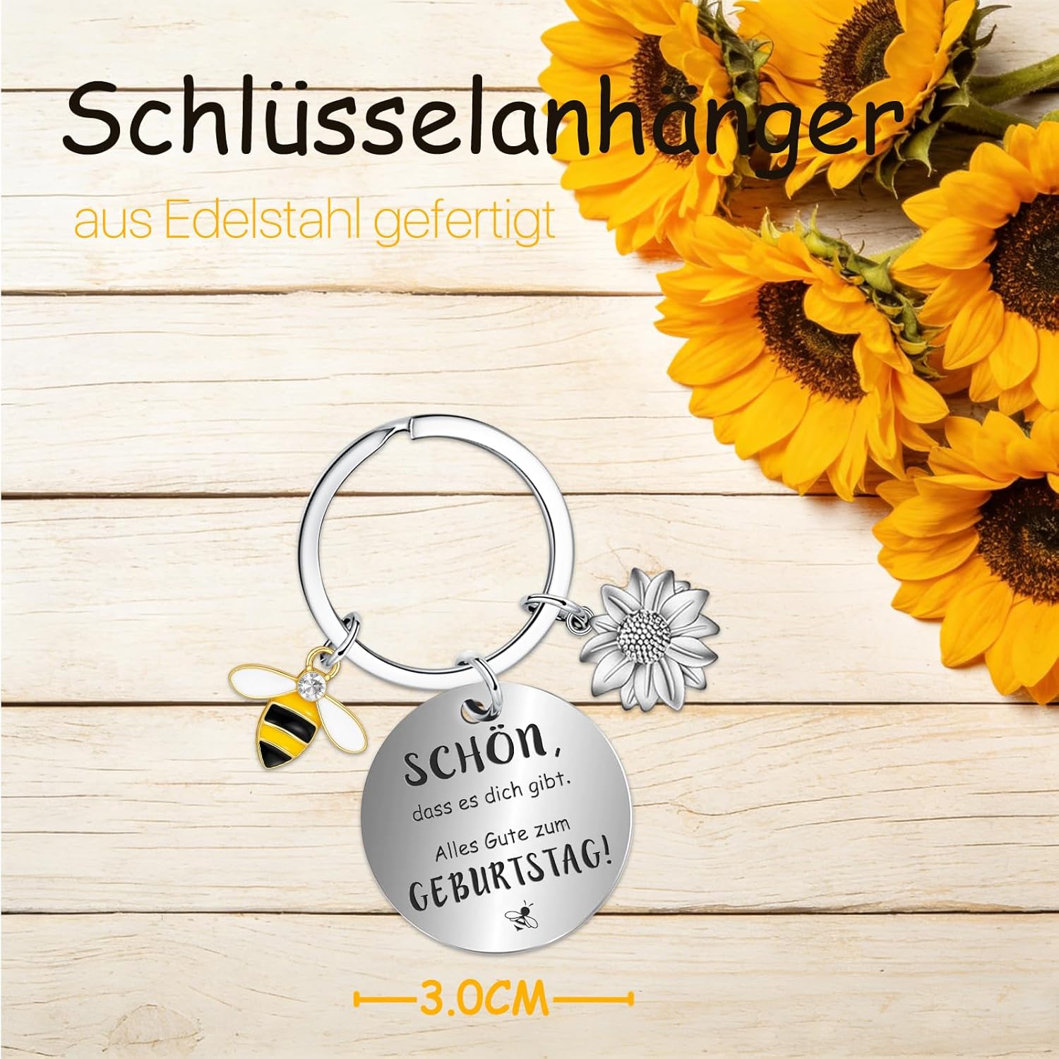 Thumbnail 4 de Handgehäkelte Biene mit Sonnenblumenstrauß und Edelstahl-Schlüsselanhänger – Farbeele Mutmacher-Geschenk zum Geburtstag