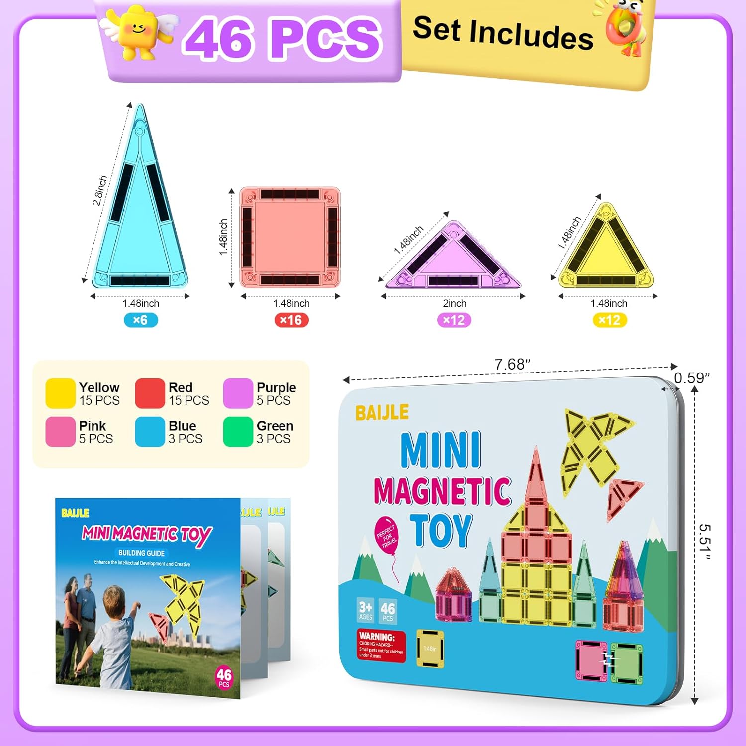 Thumbnail 6 de BAIJLE 46PCS Mini Magnetic Tiles – Portable Magnetic Building Set for Open-Ended Play