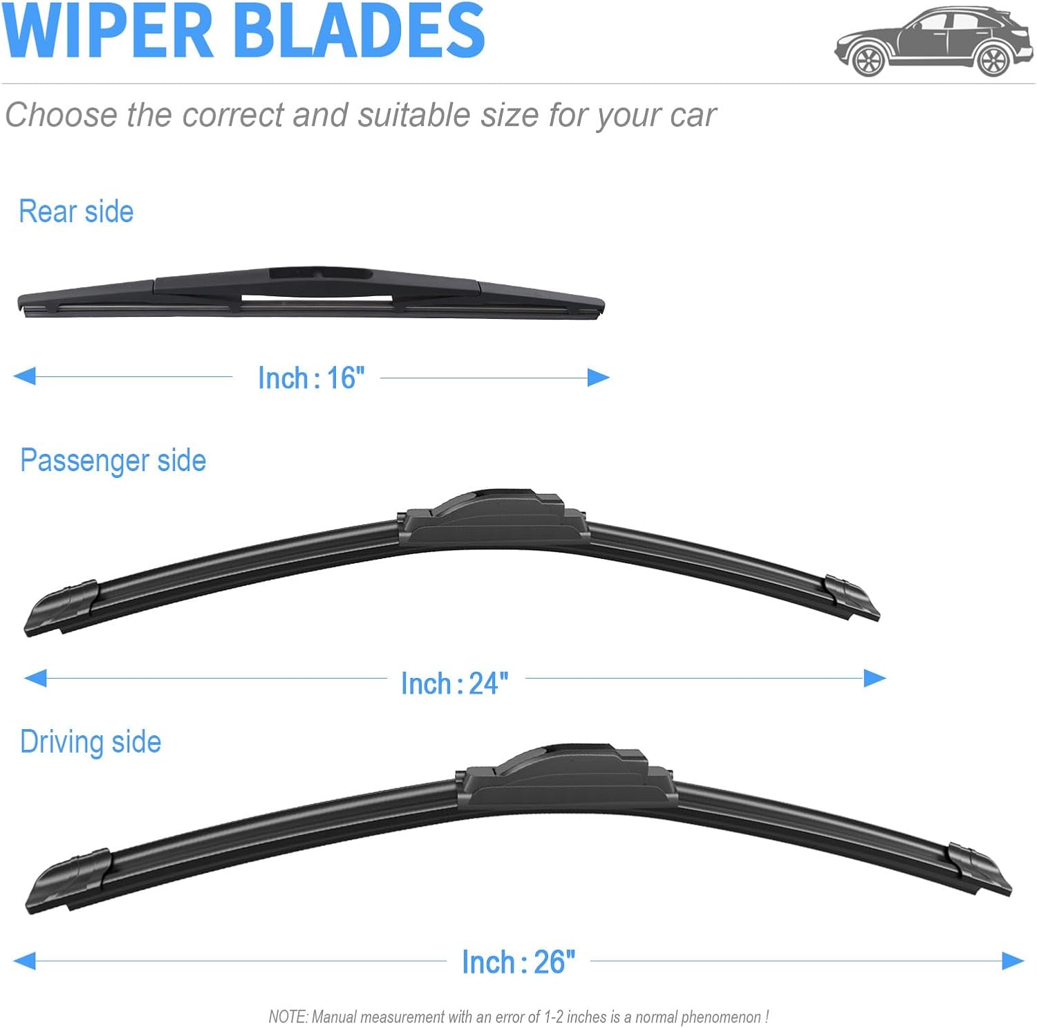 Detalle de Gavimnal 26"+24"+16" Silicone Wiper Blades Set for Honda Passport 2019-2025