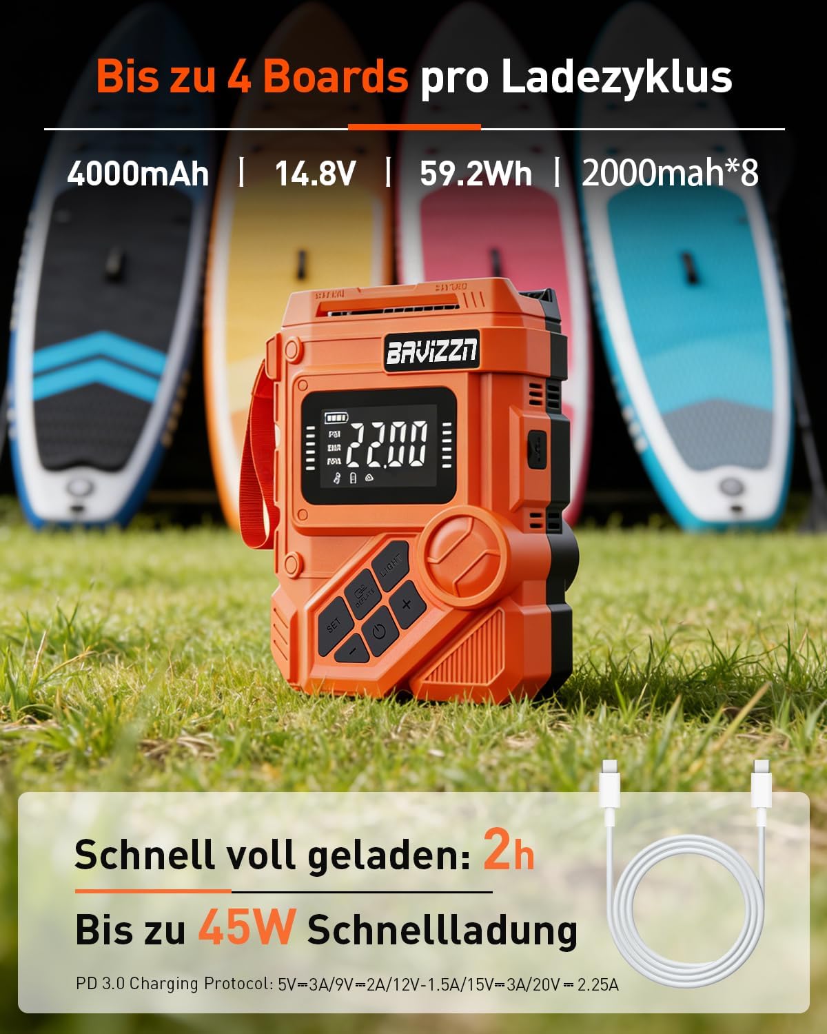 Detalle de BAVIZZN 22PSI Akku SUP Elektrische Pumpe – vielseitig, Akku + 12V, 4 Modi, LED