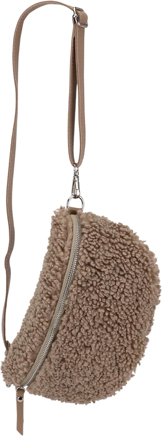 Detalle de SH Leder Kate G358: Marsupio da donna in pelliccia teddy con tracolla in vera pelle (27 x 16 x 10 cm)