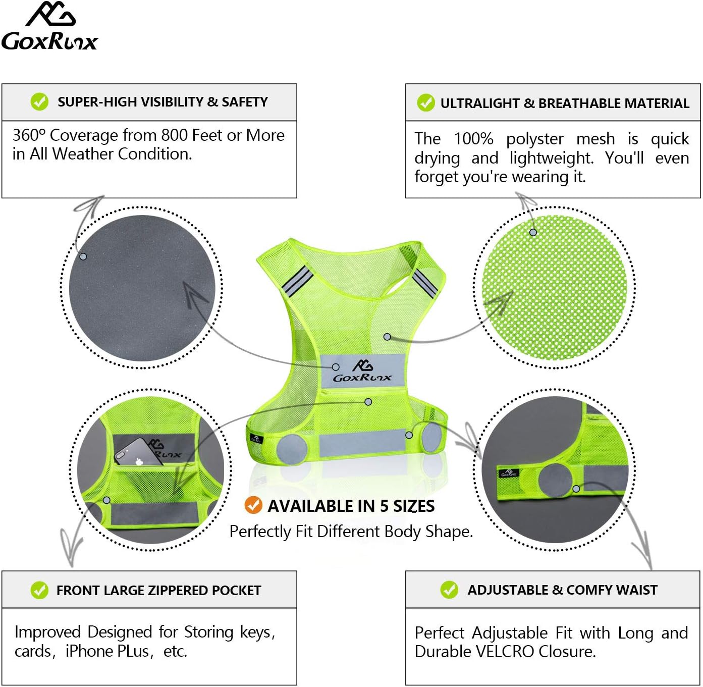 Detalle 2 de GoxRunx Reflective Running Vest with Adjustable Arm Bands and Zipper Pocket