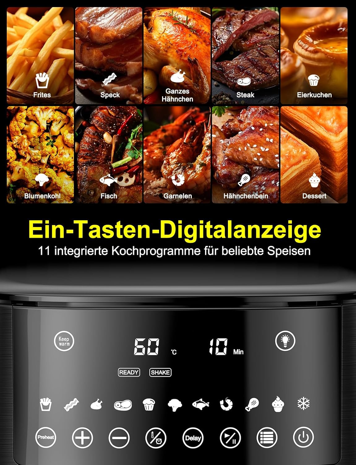 Detalle de Heißluftfritteuse mit 2 Kammern (3L & 6L) – 9L Airfryer, Touchscreen, 6 Programme, 2850 W