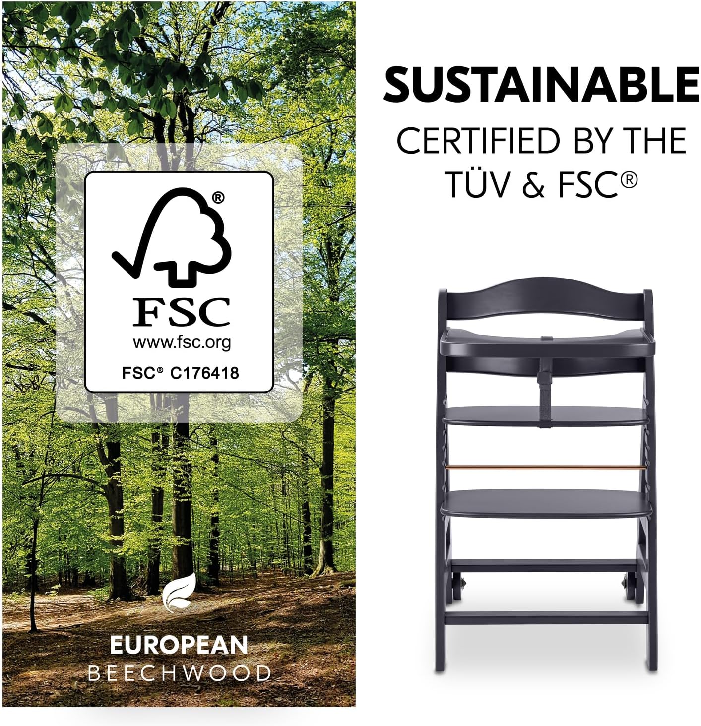 Thumbnail 2 de hauck Beta+ Dark Grey: Wooden High Chair Set for 6 Months to 90 kg