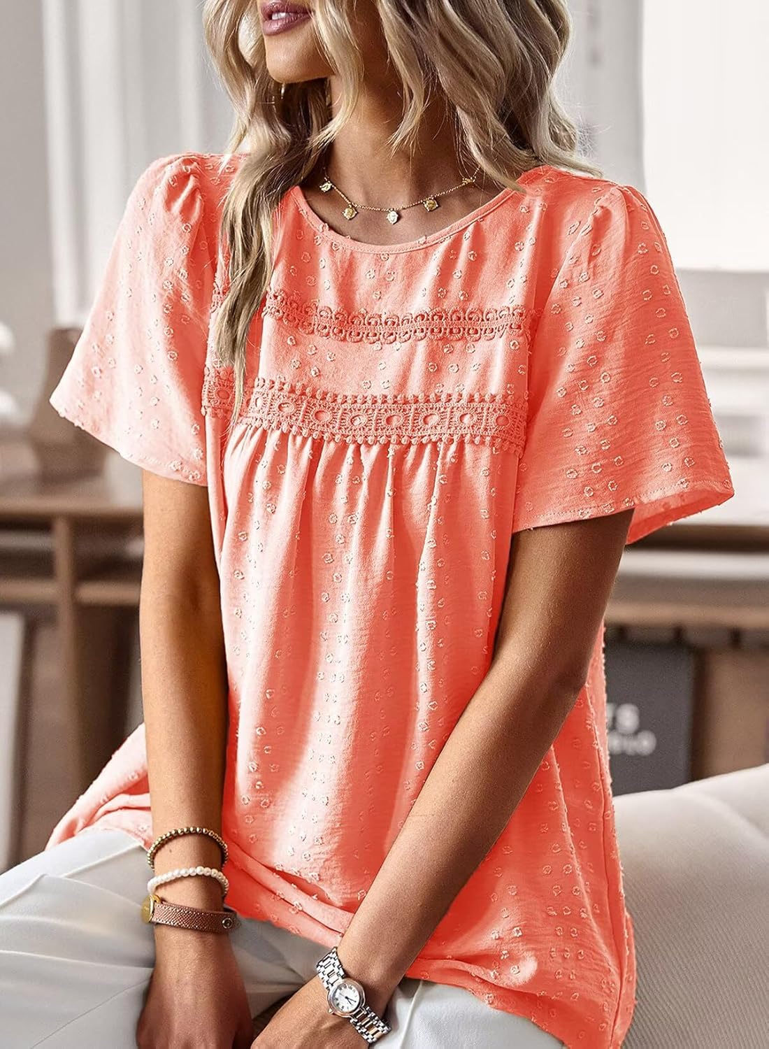 Detalle 2 de Falechay Women’s Boho Summer Crew Neck Crochet Lace Blouse (Short Sleeve)
