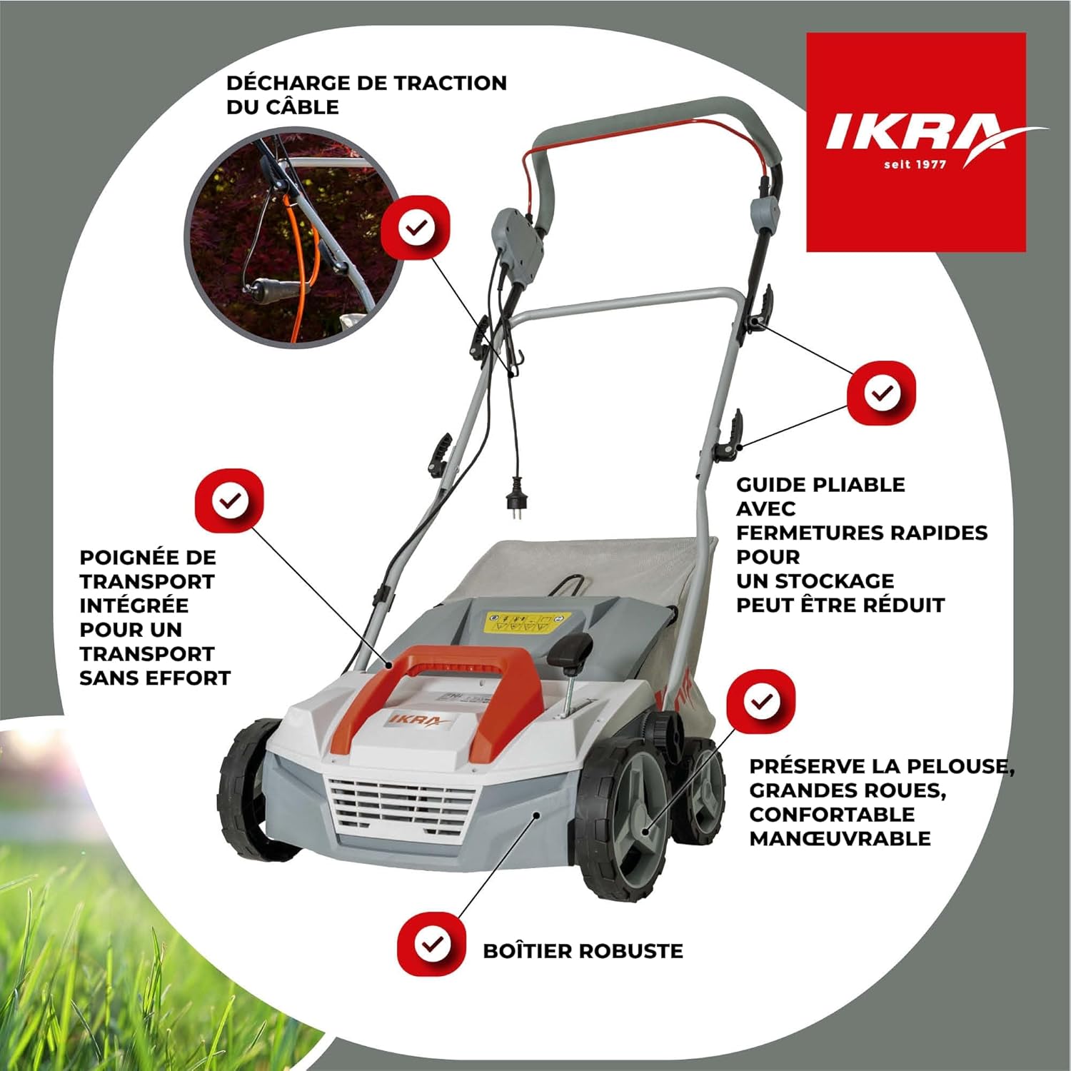 Detalle 2 de IKRA IEVL 1838 scarificateur aérateur électrique 2-en-1, 38 cm et 1800 W