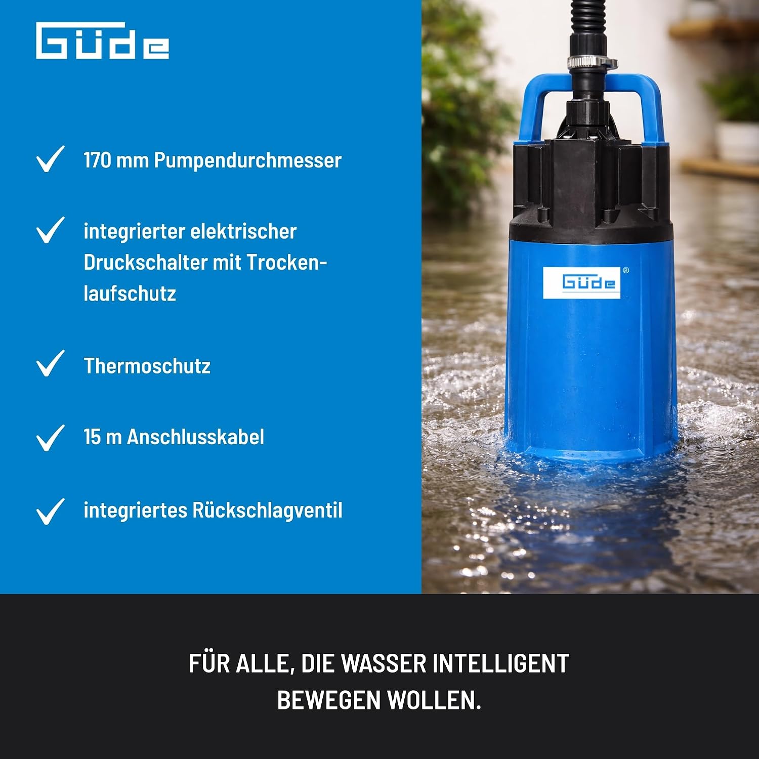 Thumbnail 3 de Güde Pompe immergée sous pression GDT 1200 I – 1200 W, jusqu’à 6000 l/h, refoulement max. 40 m