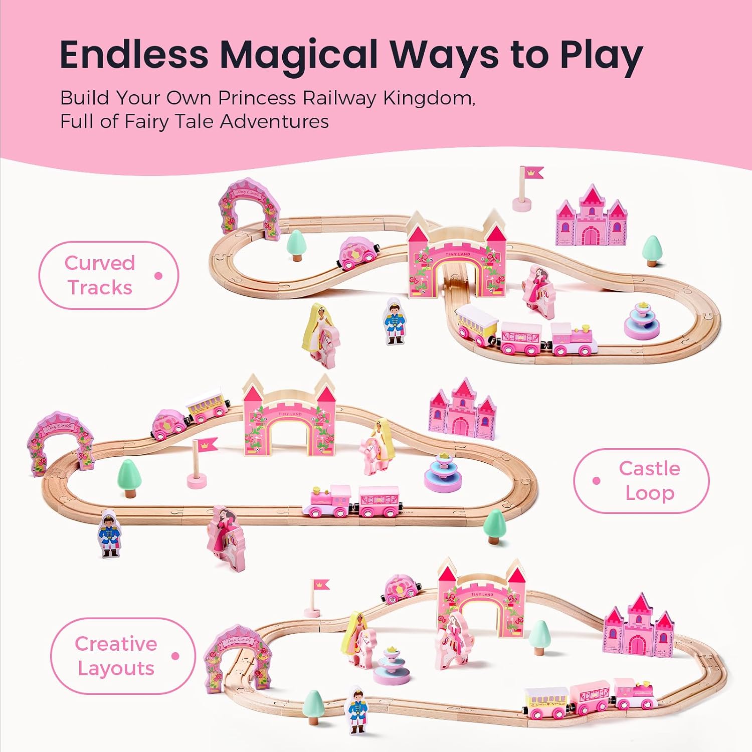 Thumbnail 6 de Tiny Land Unicorn Princess Wooden Train Set (38 Pieces) with Castle Bridge and Royal Accessories