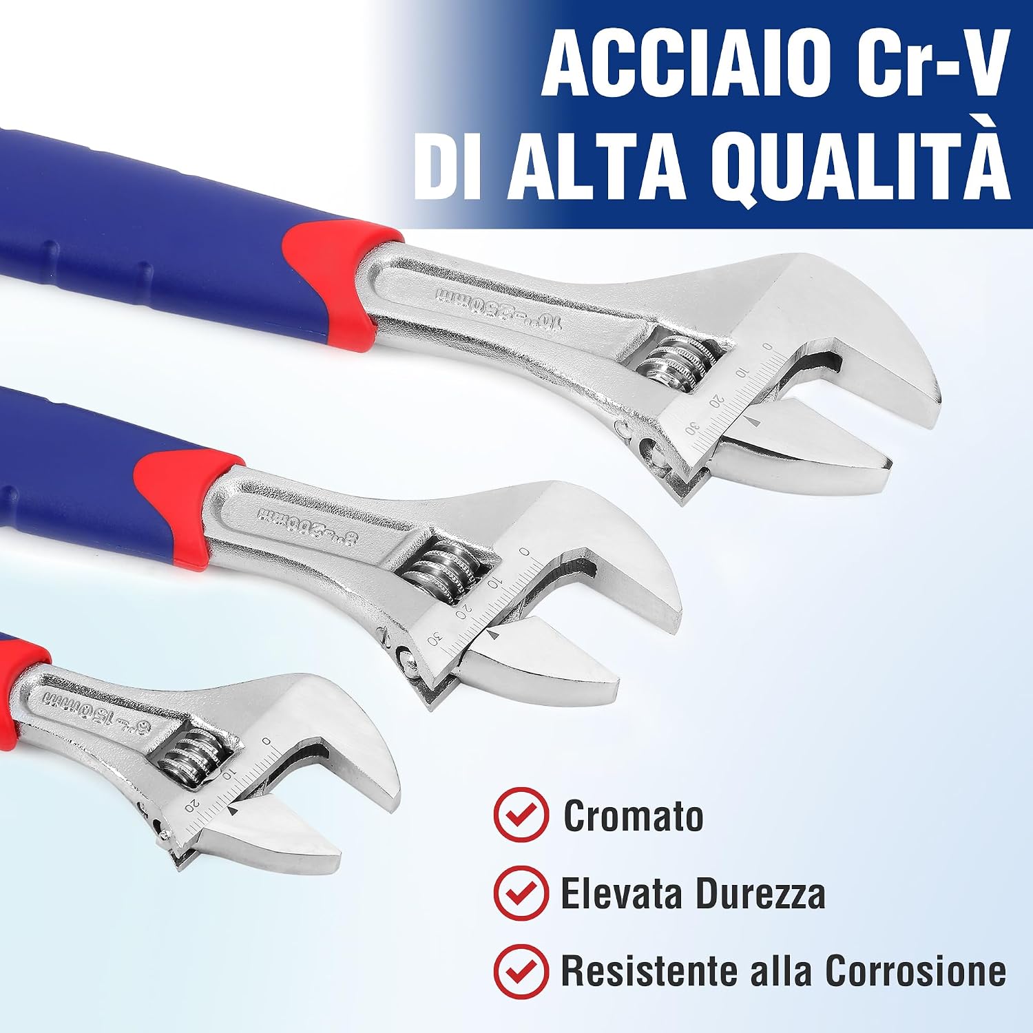 Detalle de WORKPRO Set Chiavi Regolabili 3 Pezzi: 150–250 mm, apertura 19–28 mm, manico in gomma