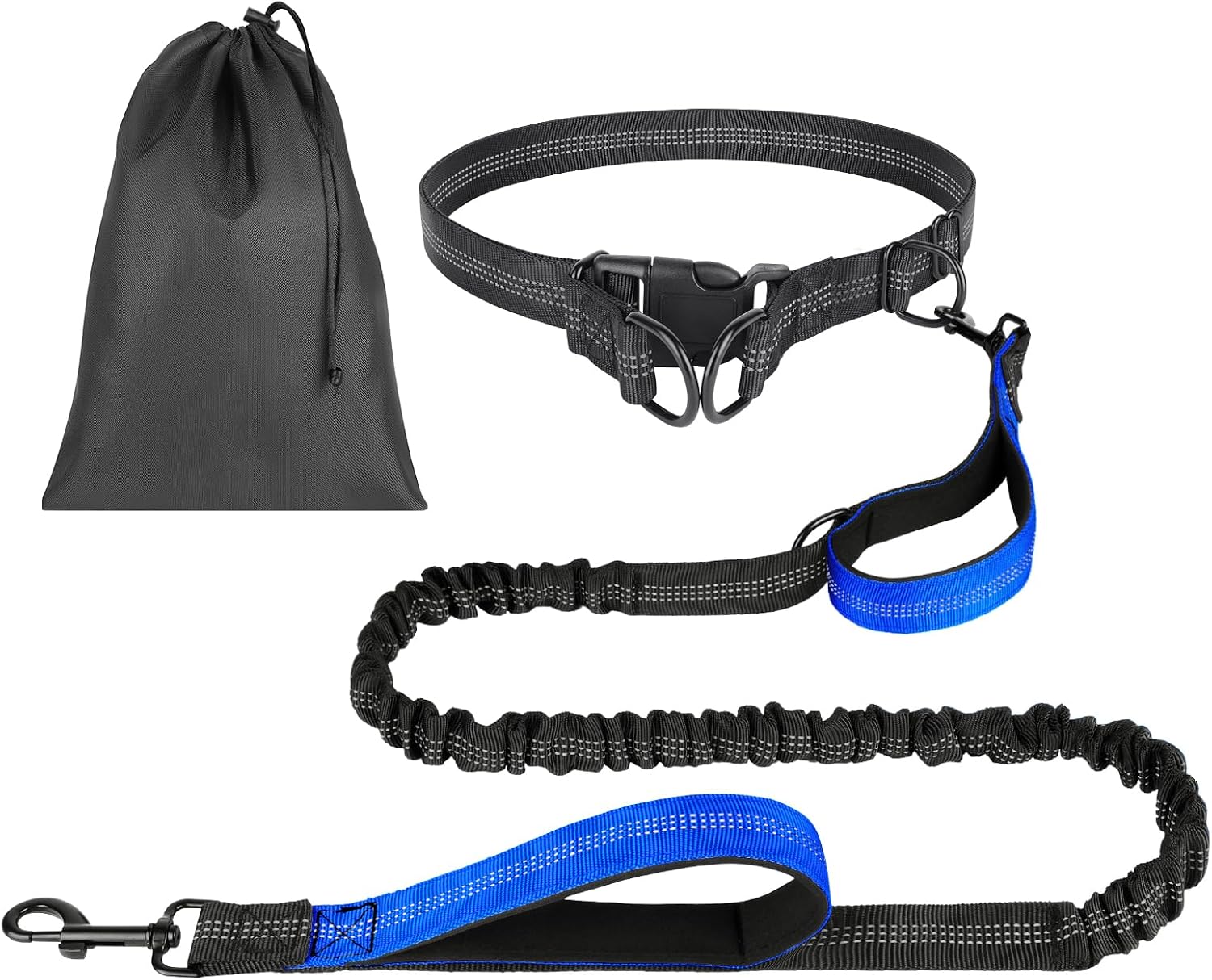 Detalle de OFFCUP Hands Free Dog Lead with Pouch (Dark Blue) – Adjustable Waist Belt, Dual Handles and Reflective Stitching